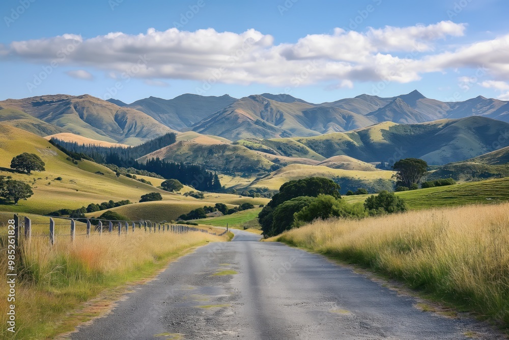 Naklejka premium Long rural road winding through rolling hills, meadows and distant mountains in New Zealand. Scenic countryside landscape with grassy terrain, asphalt road and mountain peaks in the background.
