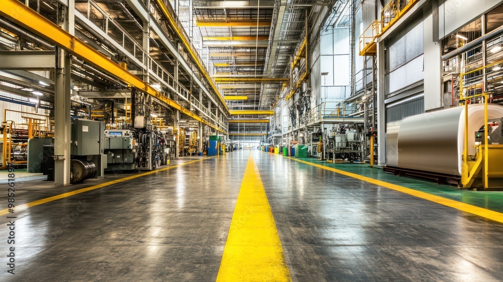 A spacious industrial facility with machinery and a clear pathway. A spacious industrial facility with machinery and a clear pathway.