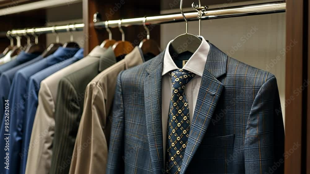 Formal wear display showcasing stylish suits and ties in a tailor's shop during the afternoon Formal wear display showcasing stylish suits and ties in a tailor's shop during the afternoon
