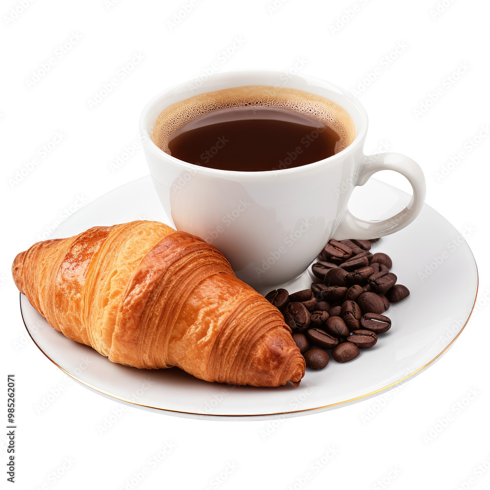 cup of coffee and croissant isolated on transparent white background, clipping path cup of coffee and croissant isolated on transparent white background, clipping path