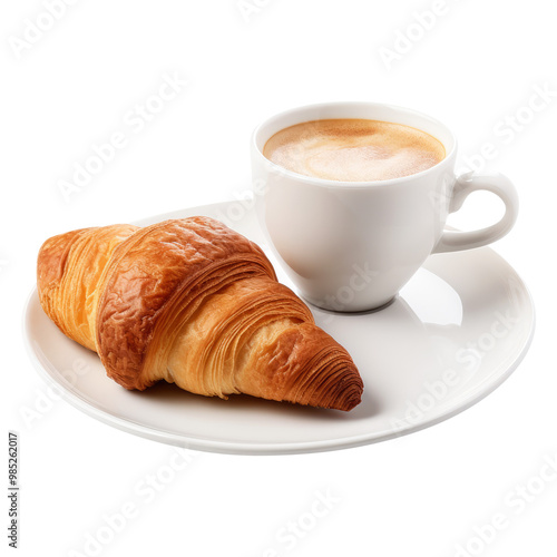 cup of coffee and croissant isolated on transparent white background, clipping path