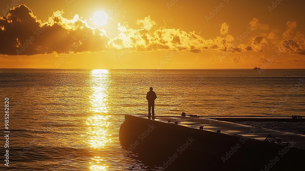 Silhouette of a lone man standing on a pier at sunset. Silhouette of a lone man standing on a pier at sunset.