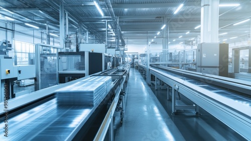 A modern industrial facility with conveyor belts and machinery for processing materials.