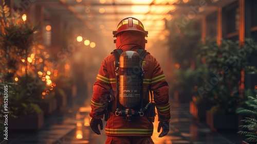 A highly realistic image of a person engaged in Firefighters – Conducting evacuation drills in office buildings The scene is well-lit, with natural light highlighting the details. The background 