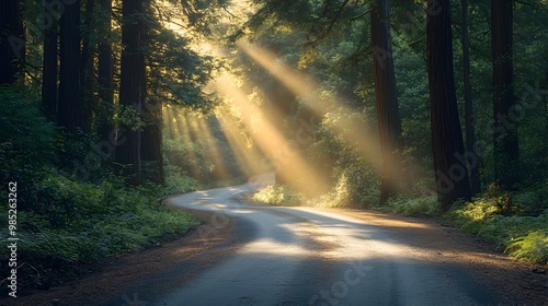 Dramatic Winding Forest Road with Sunlight Rays Through the Trees