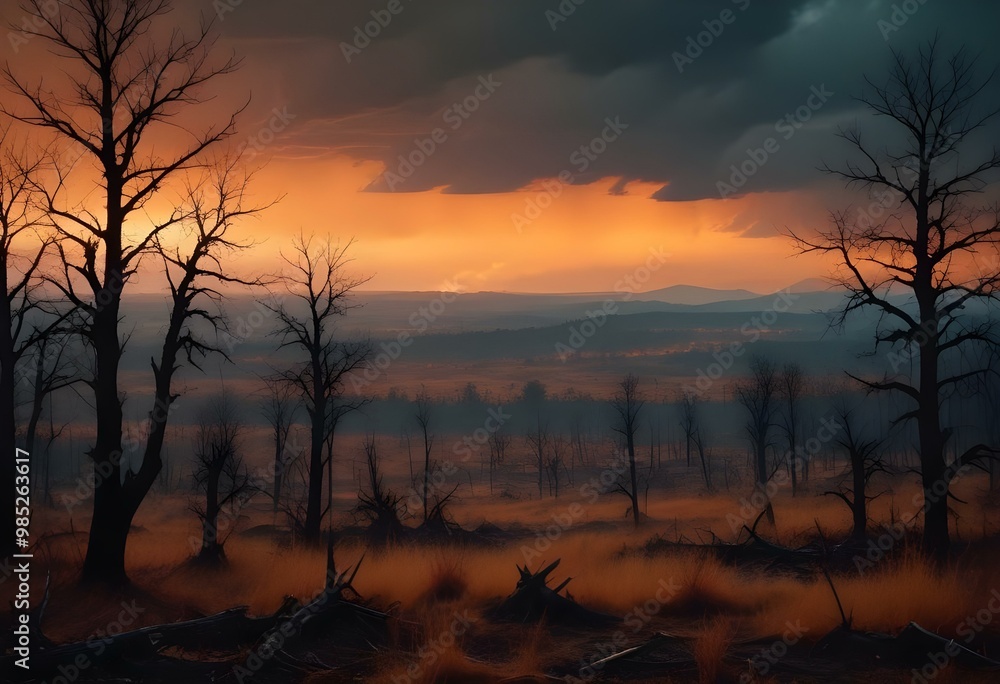 Naklejka premium Fiery orange horizon with dark clouds and smoke, dramatic apocalyptic landscape