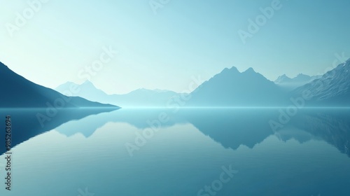 A serene landscape featuring calm waters and distant mountains under a soft blue hue.