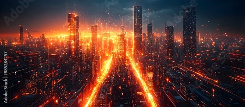 Futuristic Digital Cityscape with Glowing Neon Lines and Skyscrapers Showcasing Modern Urban Innovation photo