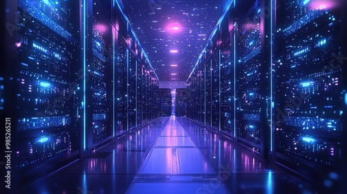 A comprehensive view of a cutting-edge data center, with server racks arranged in precise rows. The ambient blue lighting from the racks creates a sleek, modern atmosphere, emphasizing the advanced