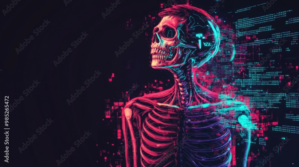 Obraz premium Digital rendering of a human skeleton with neon lighting.