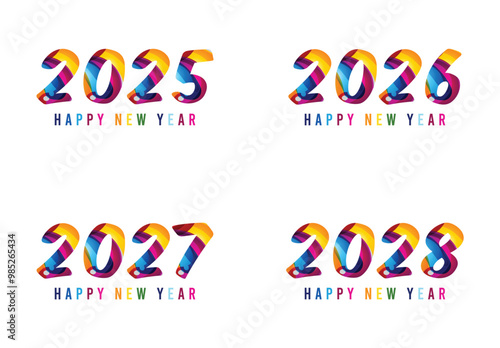 2025 2026 2027 2028 New Year Hand drawn calendar date continuous line. Set of 4 greeting ideas