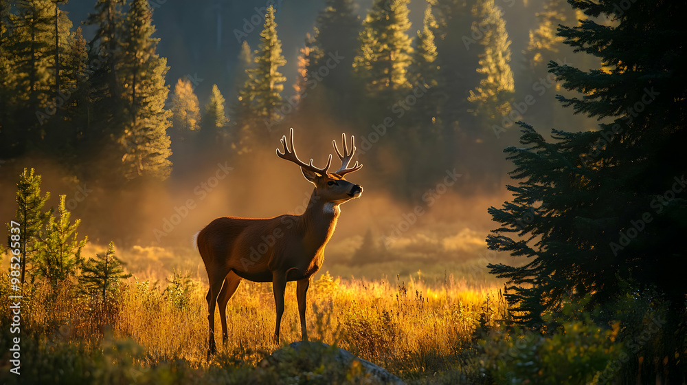 Golden Hour Deer in Forest - Realistic Image Golden Hour Deer in Forest - Realistic Image