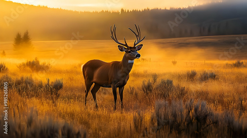 Golden Hour Deer in Field -...
