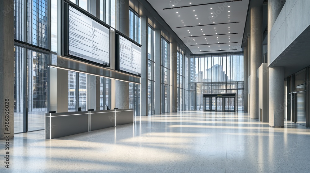 Modern lobby with large windows and digital displays, designed for business operations. Modern lobby with large windows and digital displays, designed for business operations.
