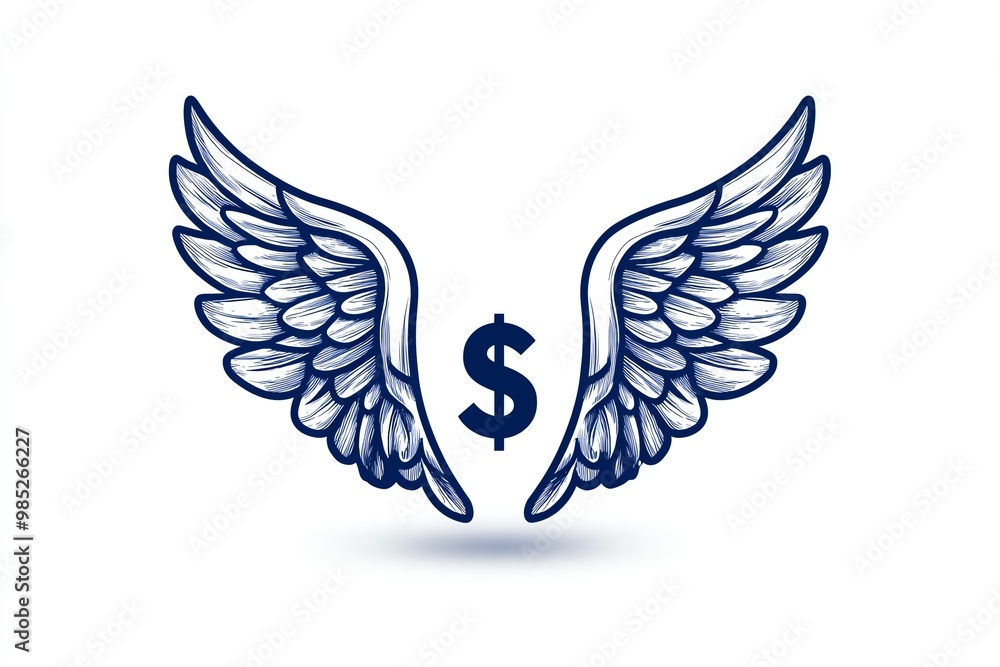 Obraz premium Minimalist angel investor icon, with a simple outline of wings and a dollar symbol in the center