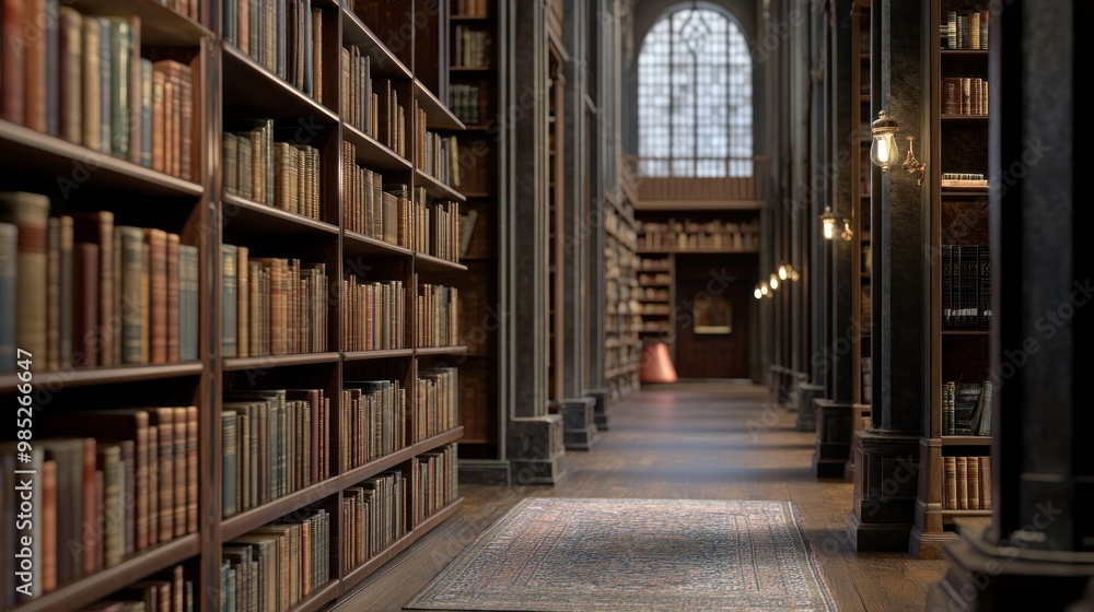 A serene library interior with tall shelves filled with books and a cozy atmosphere. A serene library interior with tall shelves filled with books and a cozy atmosphere.