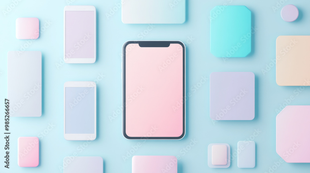 Minimalist UI design featuring flat icons and soft gradients, showcasing various shapes and sizes of mobile devices against pastel background. This design evokes sense of calm and modernity Minimalist UI design featuring flat icons and soft gradients, showcasing various shapes and sizes of mobile devices against pastel background. This design evokes sense of calm and modernity