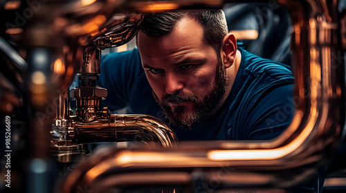 Man Inspecting Copper Pipes...