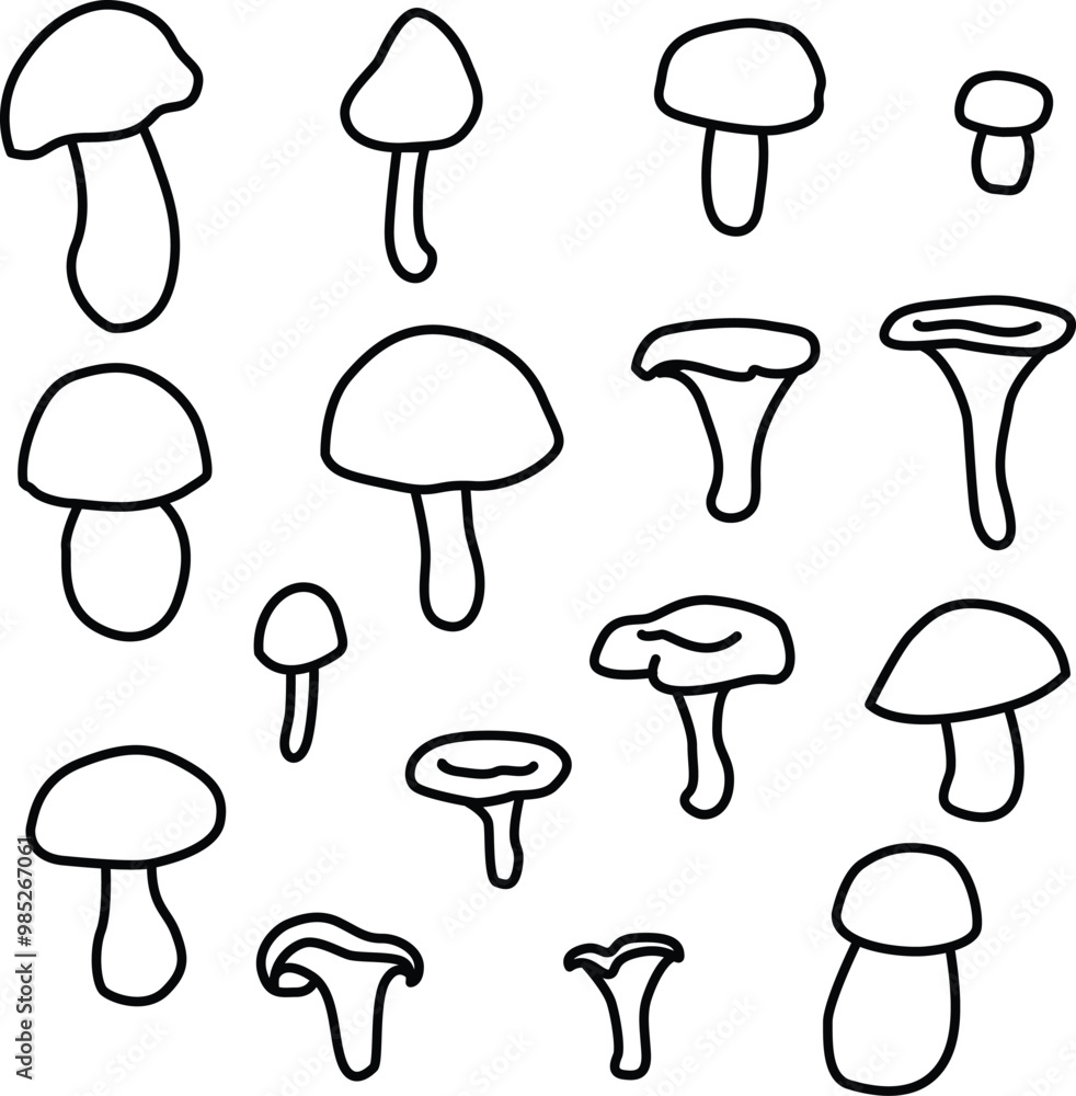 Mushrooms set in doodle style. Collection of hand-drawn mushrooms outline isolated on white background. Autumn forest. For cards, logo, decorations, invitations, designs, stickers, coloring book Mushrooms set in doodle style. Collection of hand-drawn mushrooms outline isolated on white background. Autumn forest. For cards, logo, decorations, invitations, designs, stickers, coloring book