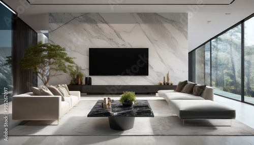  A luxury minimalist living room with a marble accent wall, a slimline black TV mounted flush 