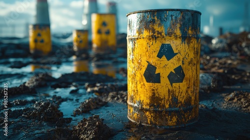 Nuclear waste generated from a fission reaction, emphasizing atomic disposal and containment. photo