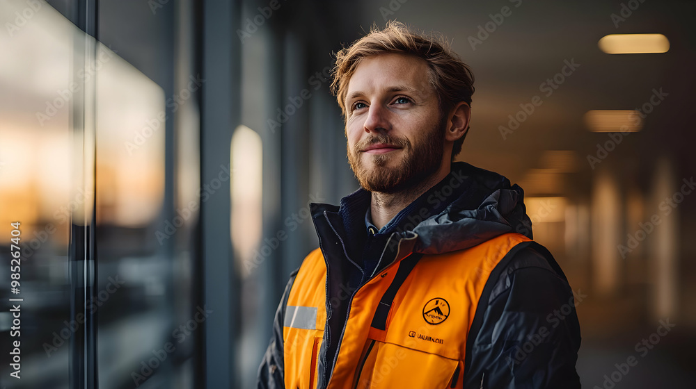 Man in Orange Safety Vest Looking Up - Realistic Image Man in Orange Safety Vest Looking Up - Realistic Image