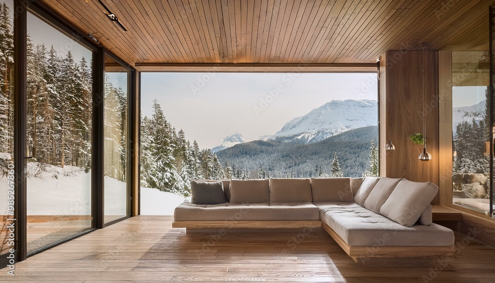 Minimalist chalet living room design with a cozy corner sofa, wooden-lined paneling on the w Minimalist chalet living room design with a cozy corner sofa, wooden-lined paneling on the w