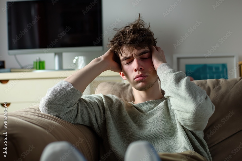 Young man lies on sofa at home receiving medical treatment. He connected to an IV drip, with a syringe and needle nearby. Medication bag and laptop on the table nearby Young man lies on sofa at home receiving medical treatment. He connected to an IV drip, with a syringe and needle nearby. Medication bag and laptop on the table nearby
