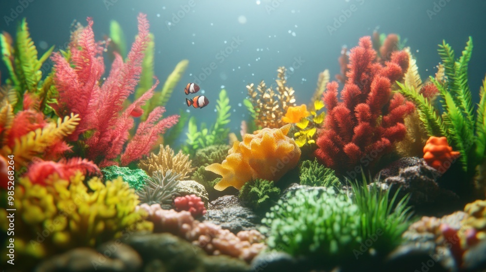 Naklejka premium A vibrant underwater scene with colorful corals and fish.