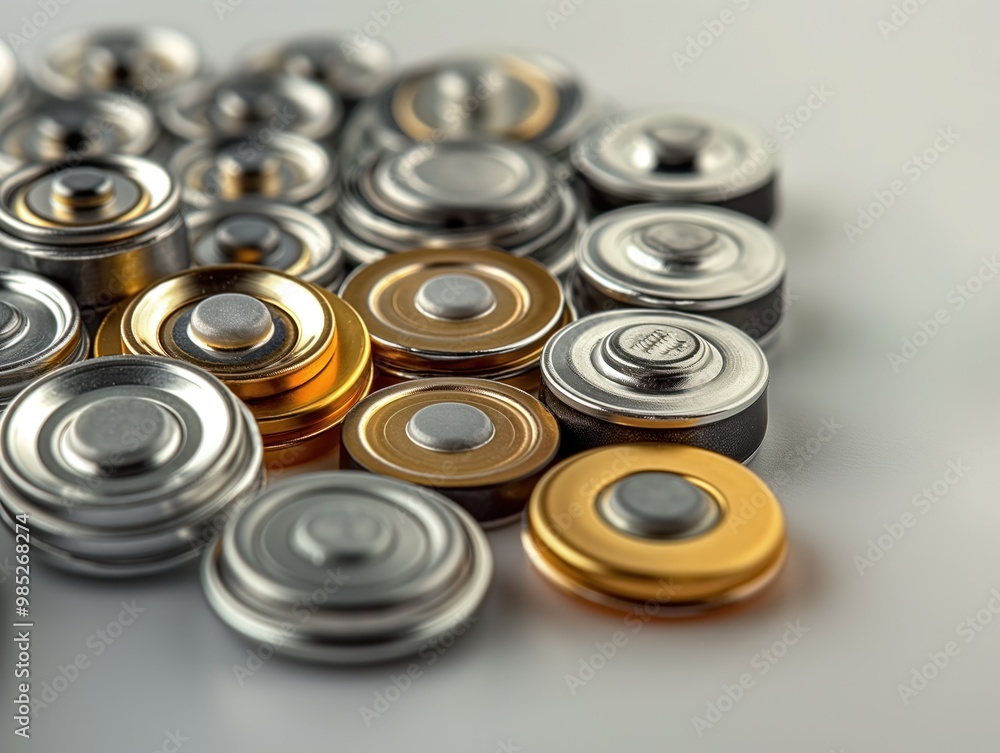 Collection of metallic objects, silver-colored battery, gold-colored button, silver-colored coin in circular pattern. Metallic surfaces highlighted by white background, slightly overlapping objects Collection of metallic objects, silver-colored battery, gold-colored button, silver-colored coin in circular pattern. Metallic surfaces highlighted by white background, slightly overlapping objects