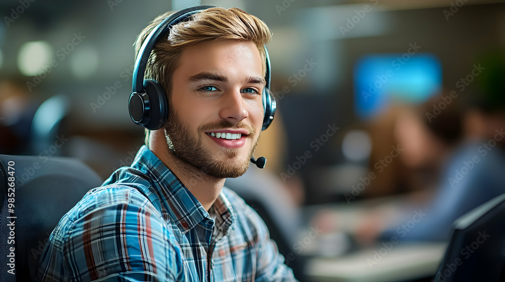 Smiling Customer Service Representative Wearing Headphones Smiling Customer Service Representative Wearing Headphones