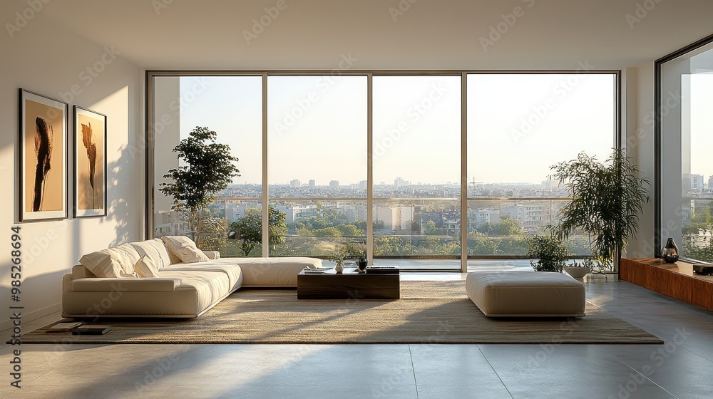 Modern living room with large windows and city view. Modern living room with large windows and city view.
