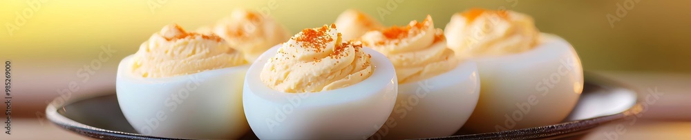 A platter of deviled eggs on an outdoor table ready for a party. A platter of deviled eggs on an outdoor table ready for a party.