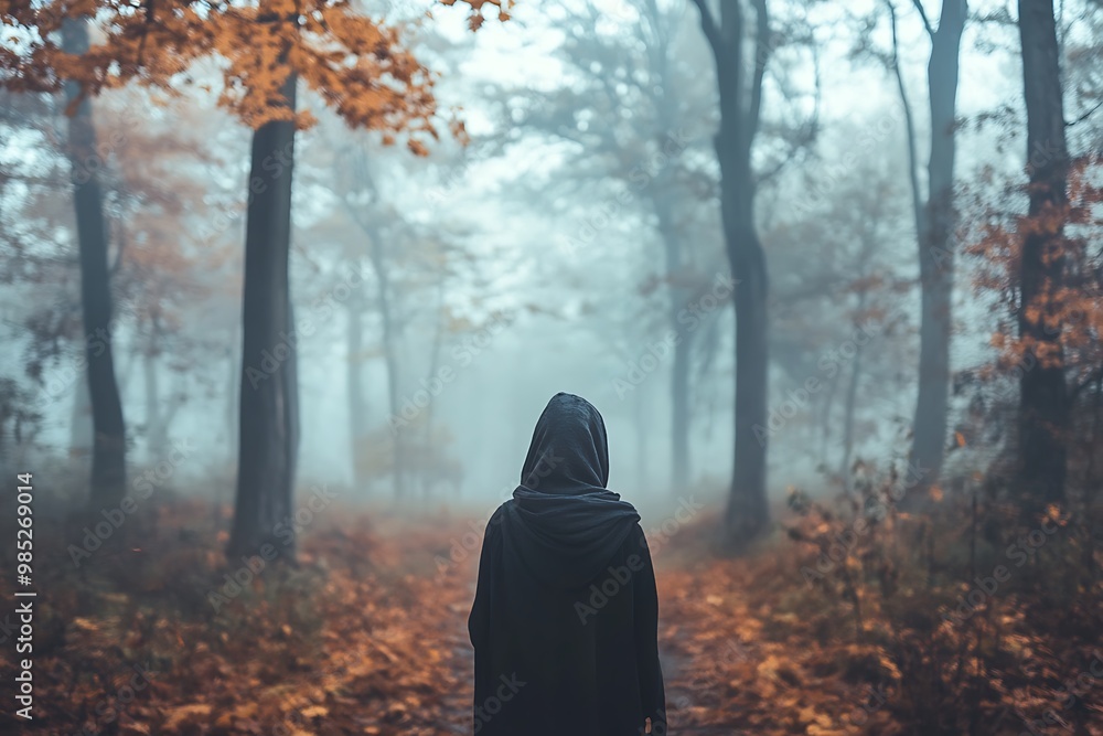 Mysterious hooded figure walking alone on path in a foggy forest Mysterious hooded figure walking alone on path in a foggy forest