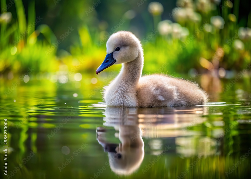 A charming baby swan glides effortlessly across a tranquil lake, surrounded by vibrant greenery and mirrored A charming baby swan glides effortlessly across a tranquil lake, surrounded by vibrant greenery and mirrored