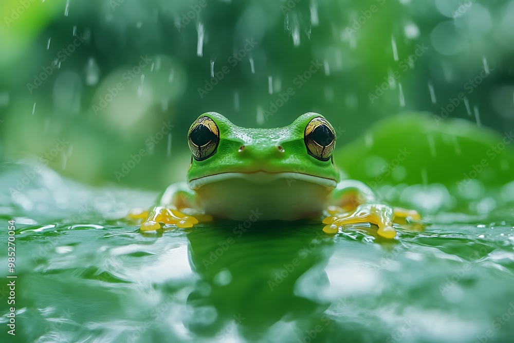 Green frog in the rain, looking at the camera with a cute and funny expression Green frog in the rain, looking at the camera with a cute and funny expression