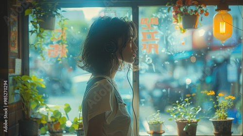 A highly realistic image of a person engaged in Citypop – Listening to music on headphones in a vintage-style café The scene is well-lit, with natural light highlighting the details. The background 