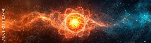 Visual representation of nuclear fission, showing atomic radiation waves emanating from a central core. photo