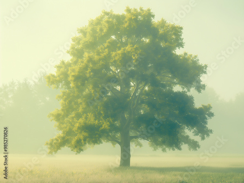 Landscape of one big tree. Styled like an anime or game background. Blue sky, sunset, sunrise, night, fog, snow, rain, cloudiness, autumn leaves, etc. photo