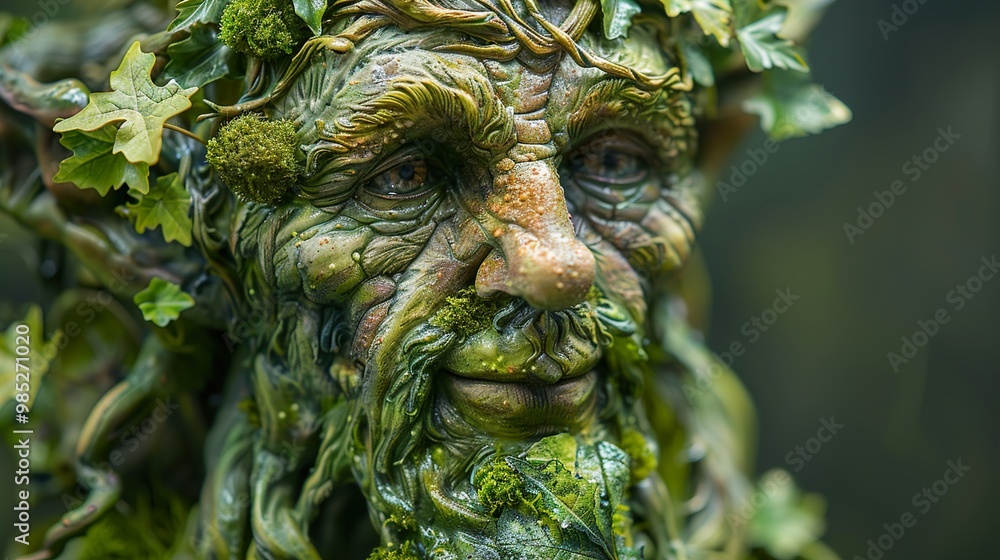 Obraz premium Close-up of a Green Man Sculpture: A Whimsical and Enchanting Fantasy Art