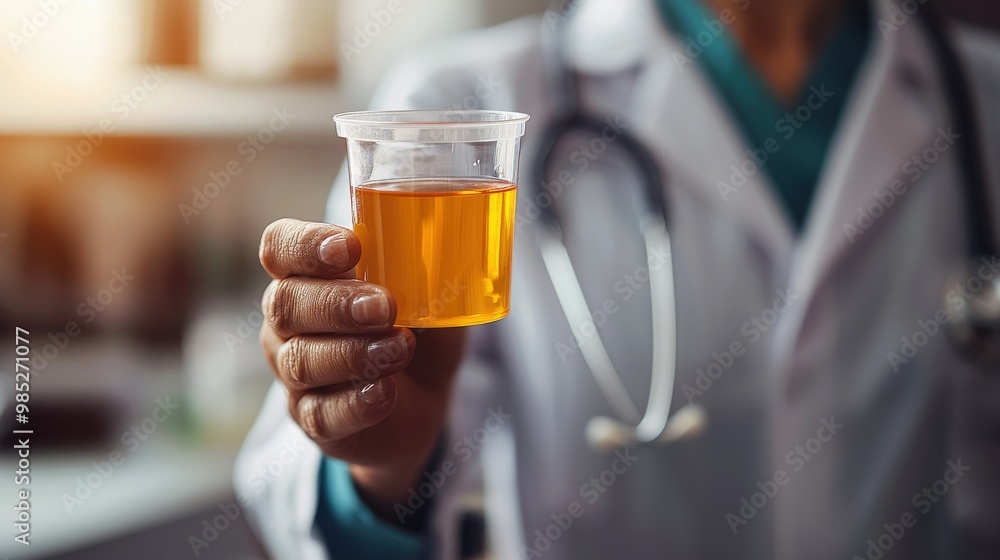 Doctor hand holding a small cup of urine for a lab test, urine sample, health diagnostics Doctor hand holding a small cup of urine for a lab test, urine sample, health diagnostics