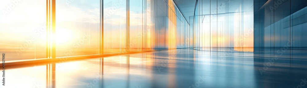 Fototapeta premium An eye-catching office banner background with a radiant blur effect, featuring polished glass elements that interact with the light. The bright, contemporary ambiance is amplified by the sleek glass