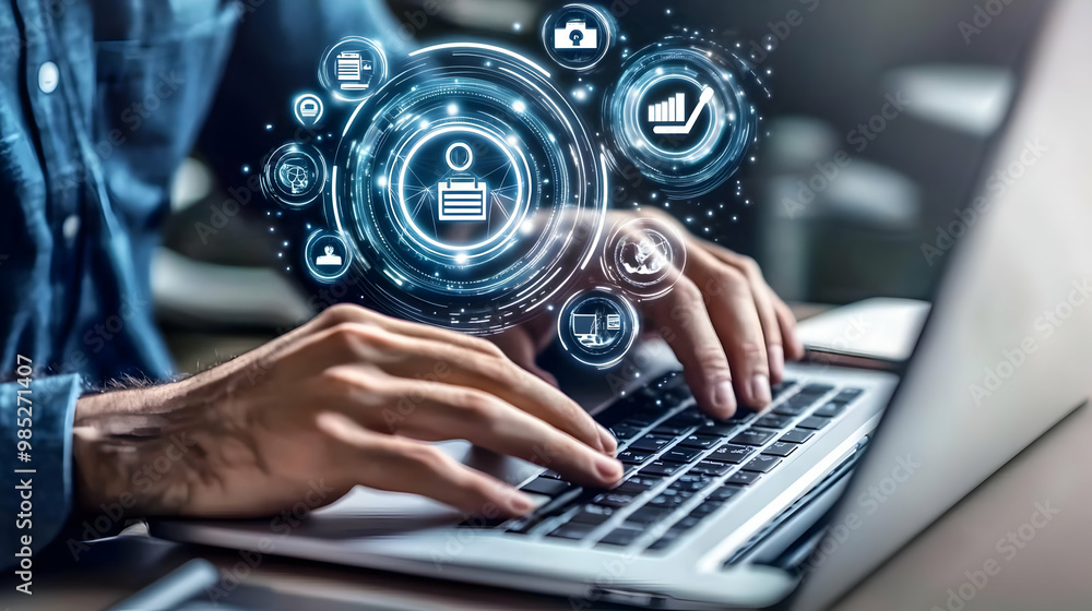 Digital Technology Illustration: Man Using Laptop with Interface Digital Technology Illustration: Man Using Laptop with Interface