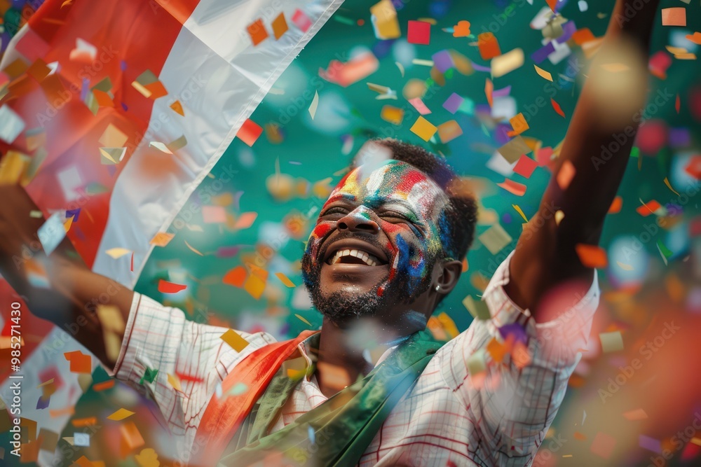 Vibrant person celebrates with Italy flag, face paint amidst confetti backdrop, exuding energy, joy. Multiethnic individual stands out in sea of color, surrounded by festive atmosphere. Hands raised, Vibrant person celebrates with Italy flag, face paint amidst confetti backdrop, exuding energy, joy. Multiethnic individual stands out in sea of color, surrounded by festive atmosphere. Hands raised,