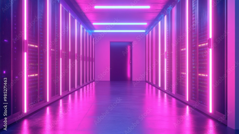 Futuristic data center corridor illuminated with neon lights. Futuristic data center corridor illuminated with neon lights.
