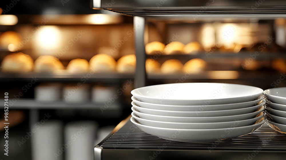 Stack of White Plates on a Metal Shelf - 3d Illustration Stack of White Plates on a Metal Shelf - 3d Illustration