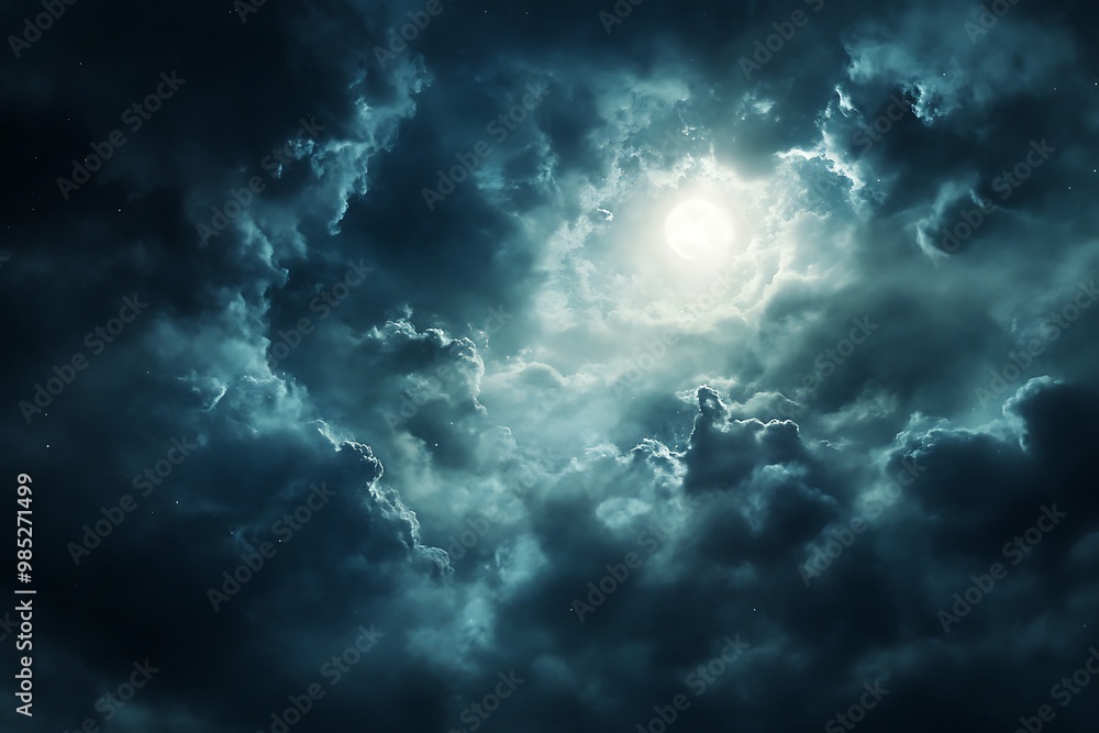 Full moon peeking through dramatic storm clouds in night sky Full moon peeking through dramatic storm clouds in night sky