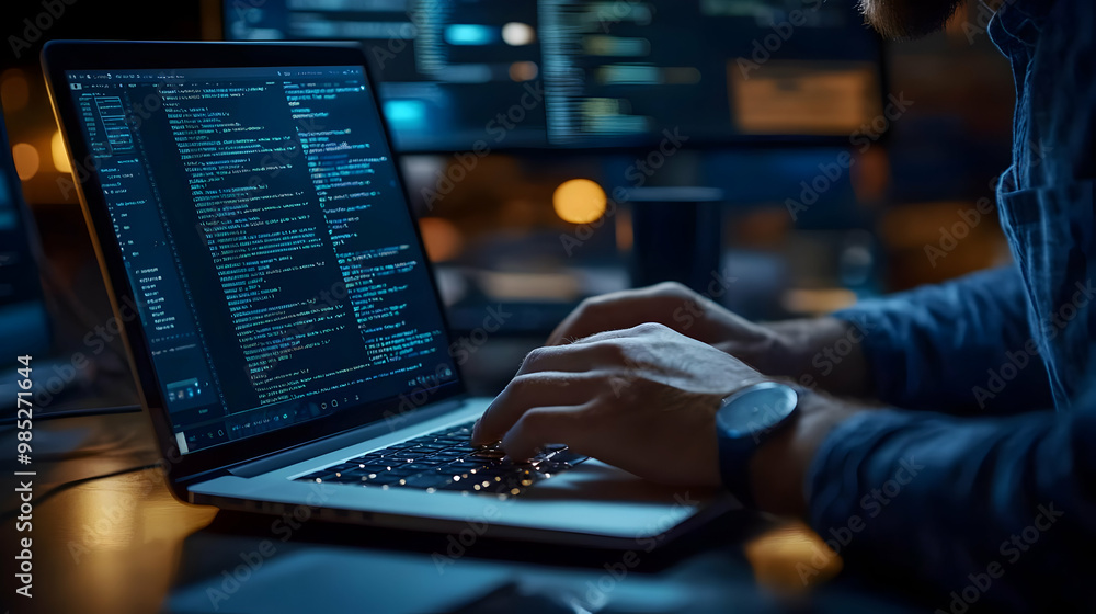 Programmer Typing Code on Laptop - Realistic Image Programmer Typing Code on Laptop - Realistic Image