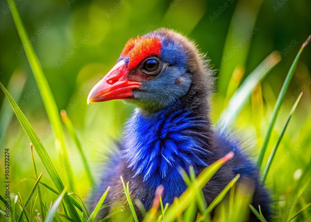 Adorable baby pukeko standing in lush grass, showcasing vibrant plumage and playful demeanor Adorable baby pukeko standing in lush grass, showcasing vibrant plumage and playful demeanor