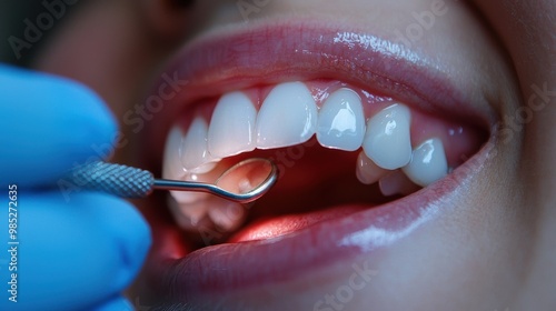 Dental examination with a dentist using tools to check oral health, highlighting hygiene in a clinical setting